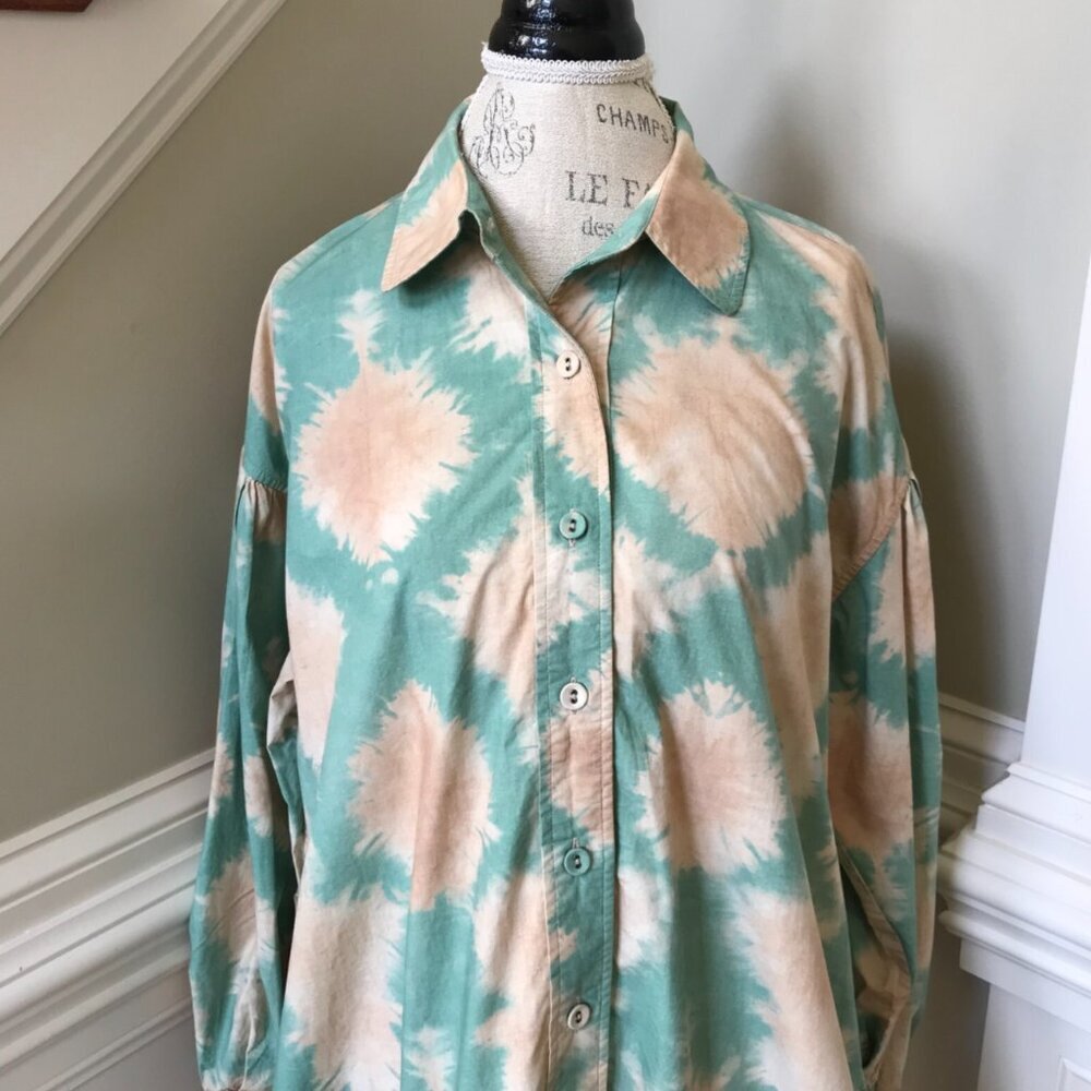 Ulla Johnson Alejandra Shirt Shift Dress Womens 6 Teal Green Tan Long Sleeve - Picture 4 of 12